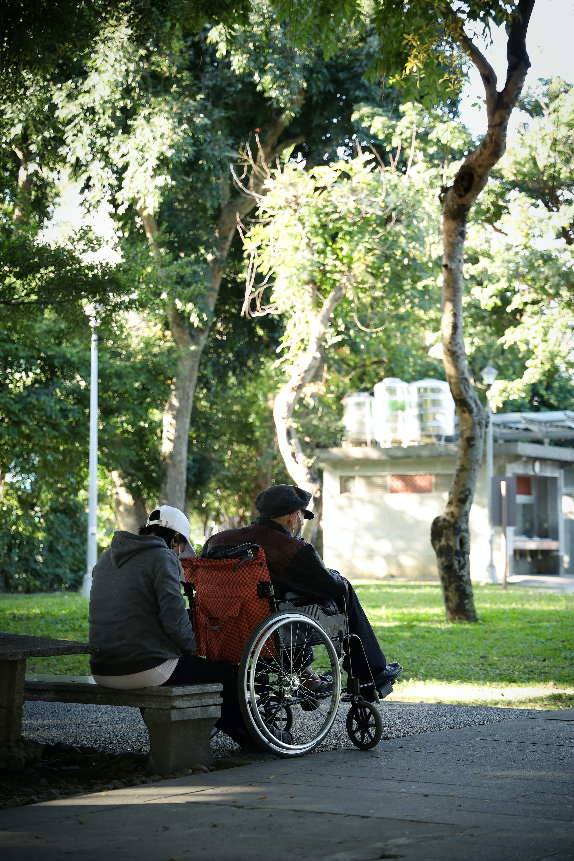 mężczyzna na wózku inwalidzkim w parku