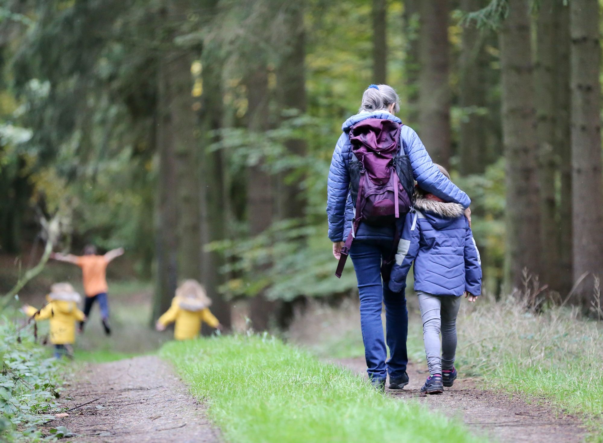 kobieta spaceruje z dziećmi po lesie